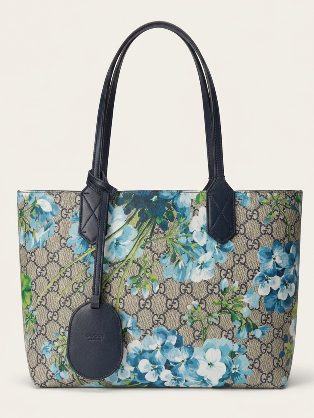Gucci Beige GG Tote with Blue Floral Print and Black Trim